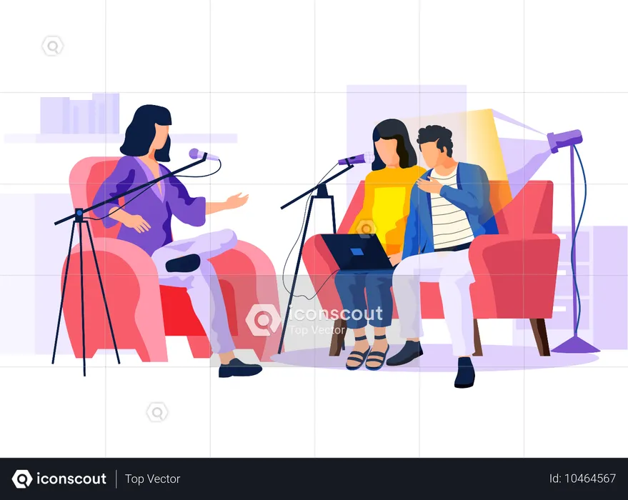 Girl with headphones gives instructions to clients into a microphone  Illustration