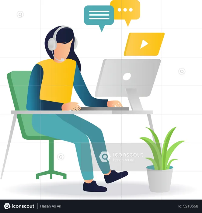 Girl with headset working as customer support representative  Illustration