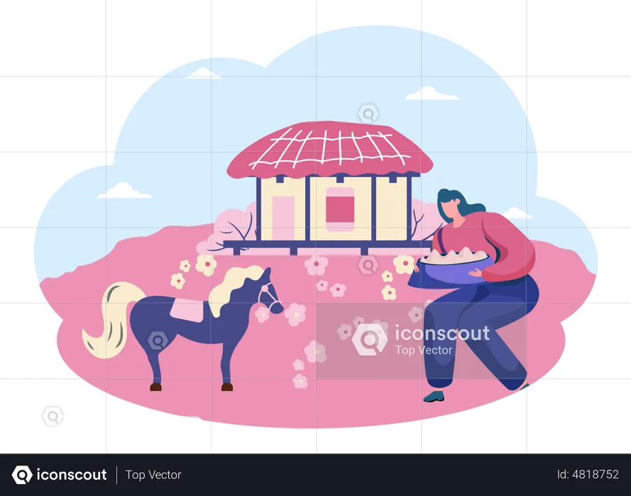 Girl with horse on jeju island  Illustration