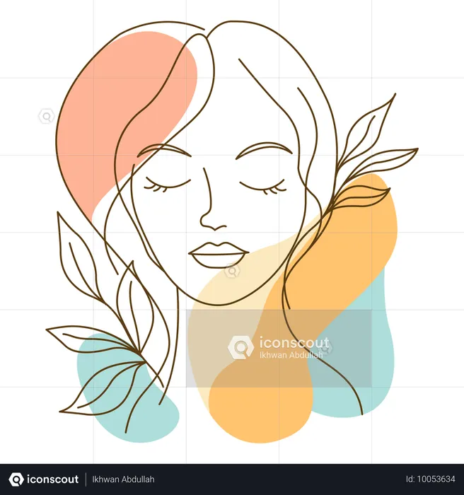 Girl with Nature Leaf in Line Art  Illustration