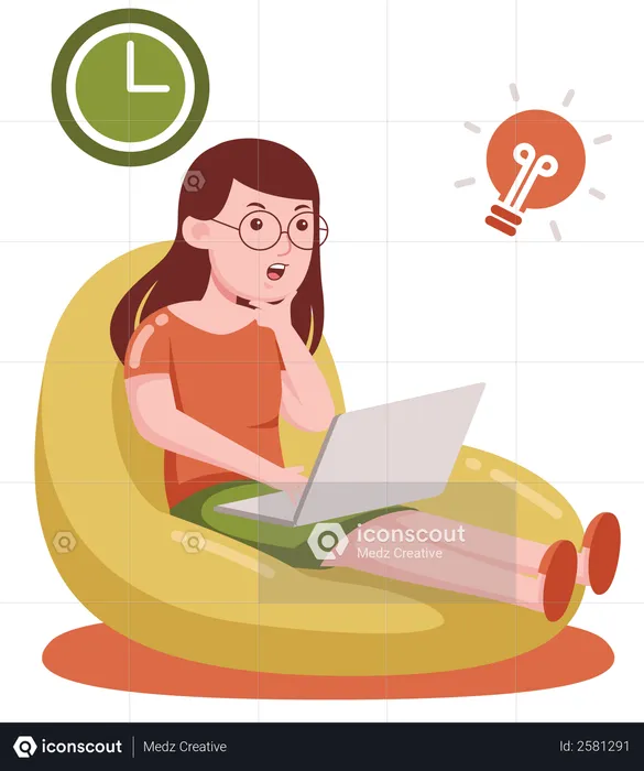 Girl with new productive idea sitting on beanbag  Illustration