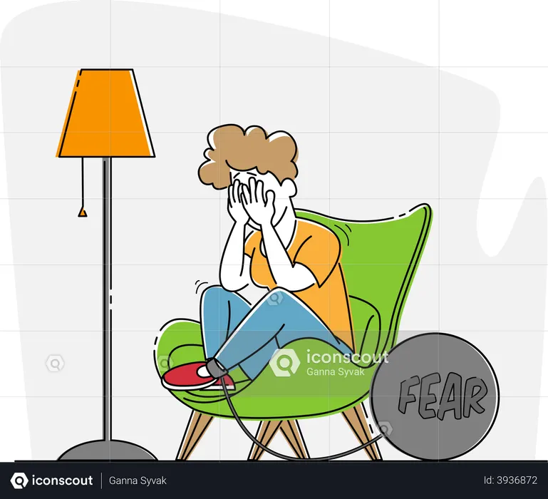 Girl with Panic Attack Illness Crying Sitting in Armchair with Heavy Bob and Chain on Leg  Illustration
