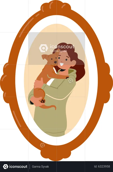 Girl with pet dog in photo frame  Illustration