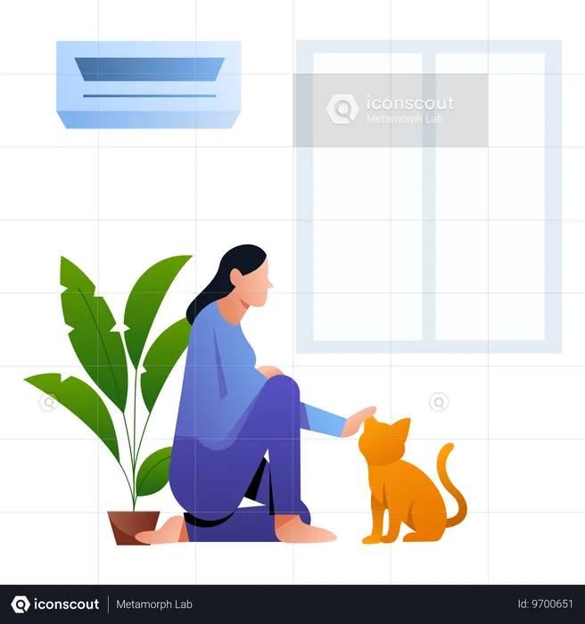 Girl with Petting Cat  Illustration