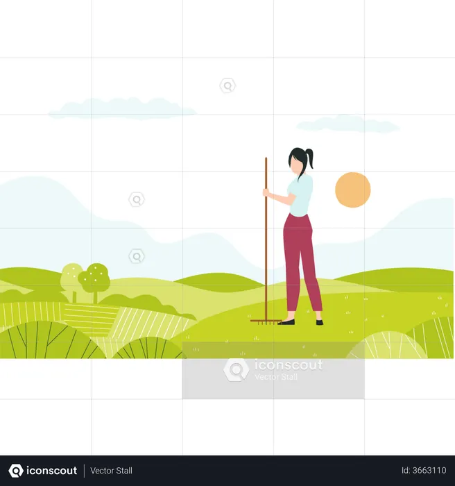 Girl with pitchfork standing in farm  Illustration