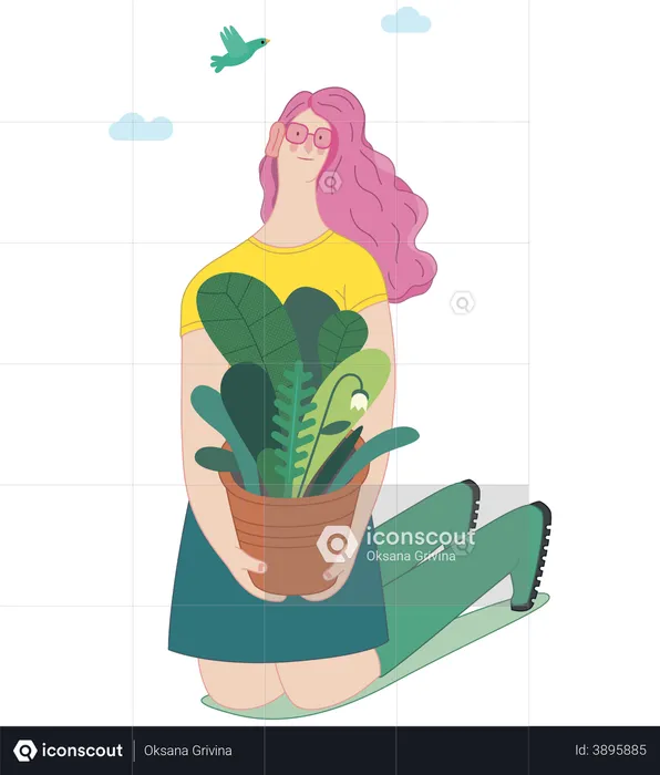 Girl with plant pot  Illustration