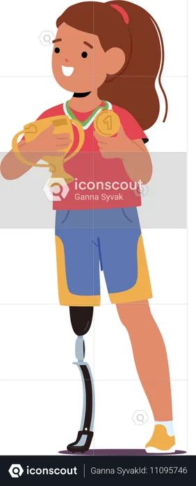 Girl With Prosthetic Leg Wearing Uniform Holding Trophy  Illustration