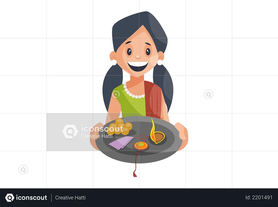 Girl with rakhi and pooja thali  Illustration