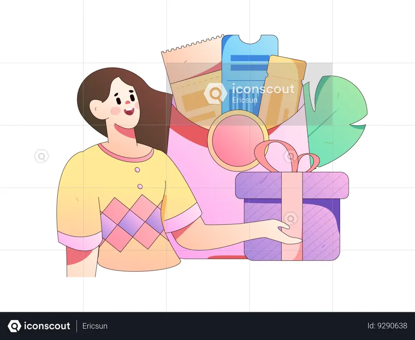 Girl with shopping coupon and gift box  Illustration