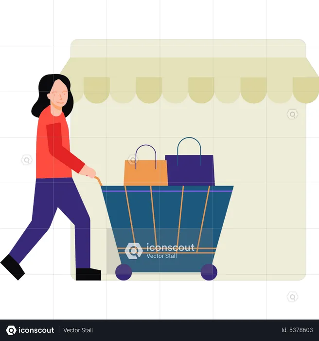 Girl with shopping trolley  Illustration