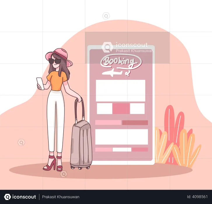 Girl with suitcase checking flights status on mobile  Illustration