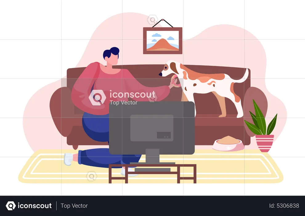 Girl with the dog is resting at home  Illustration