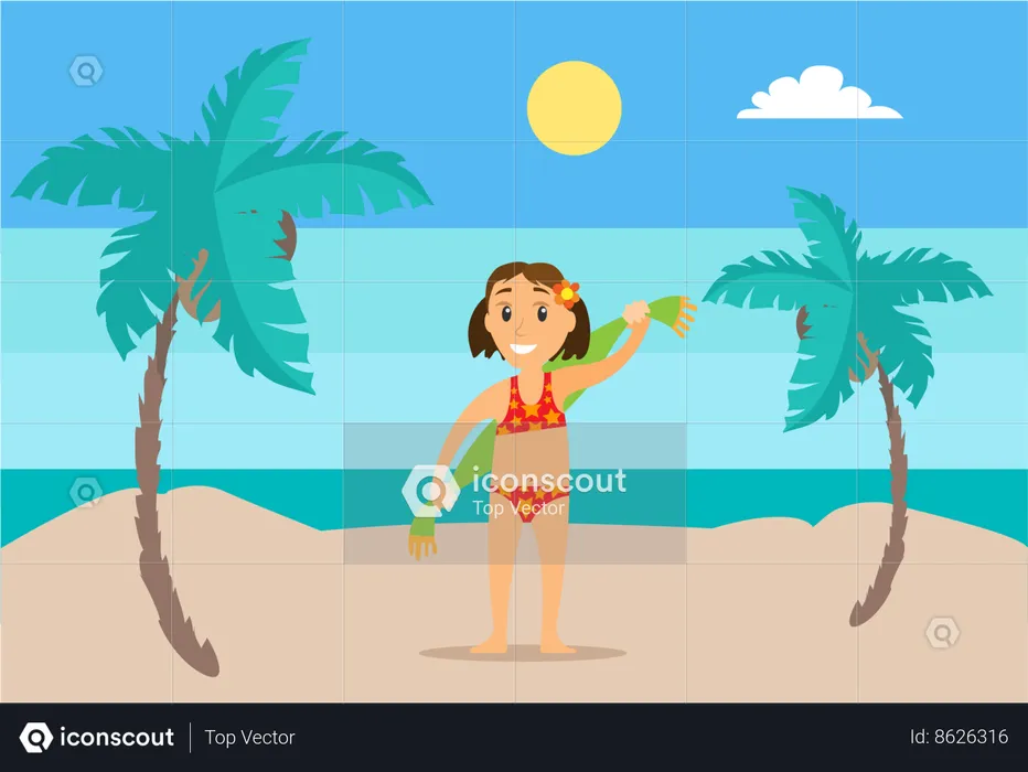 Girl with towel on beach  Illustration