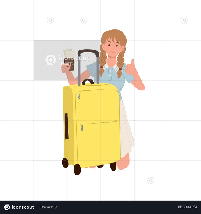 Girl with travel bag and Boarding Pass making thumb up  Illustration