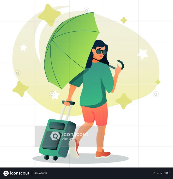 Girl with umbrella and luggage  Illustration