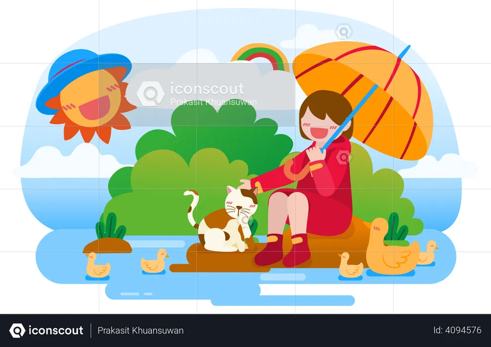 Girl with umbrella pampering cat  Illustration