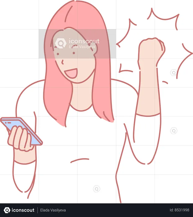 Girl won game on smartphone  Illustration