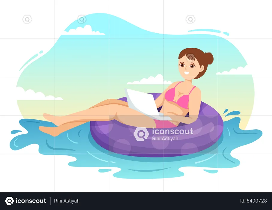 Girl Work From Swimming Pool  Illustration
