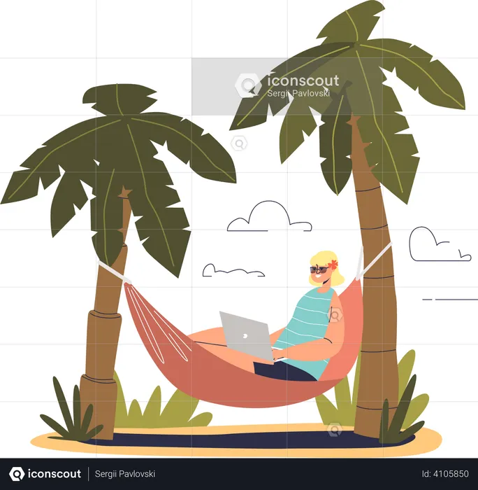 Girl work on laptop lying in hammock  Illustration
