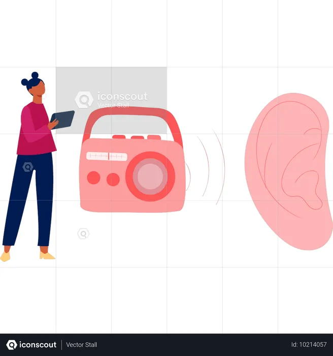 Girl working about human ear sound waves  Illustration