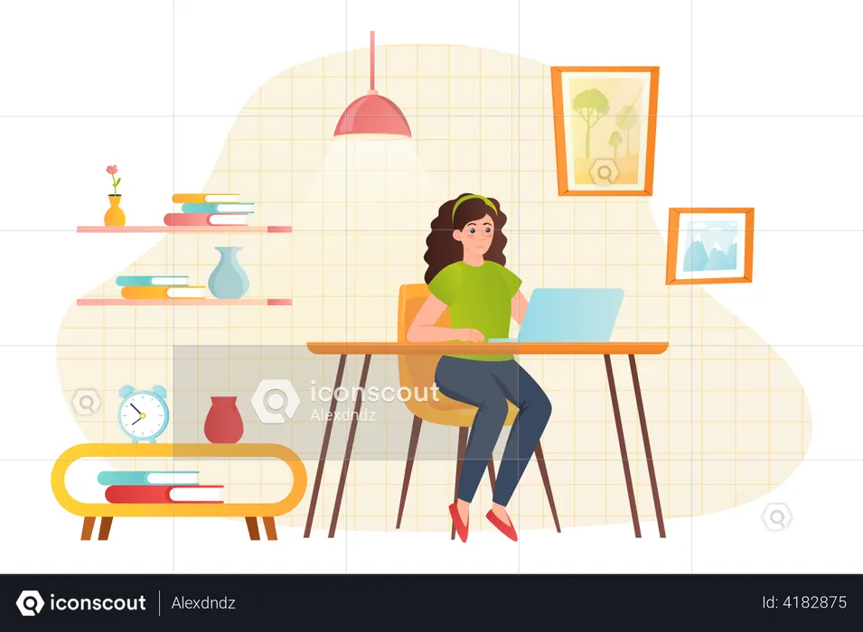 Girl working as a freelancer from home  Illustration