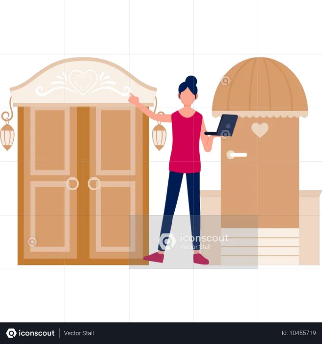 Girl working at hotel door  Illustration