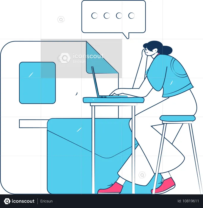 Girl working at laptop while doing online chatting  Illustration