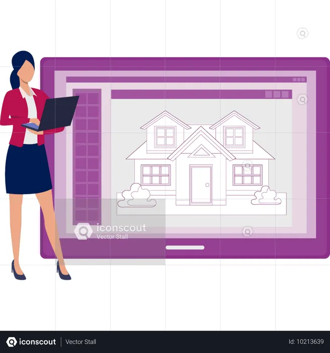 Girl working house construction on laptop  Illustration