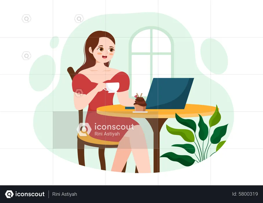Girl working in cyber cafe  Illustration
