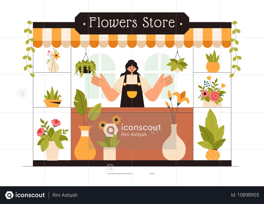 Girl working in flower shop  Illustration