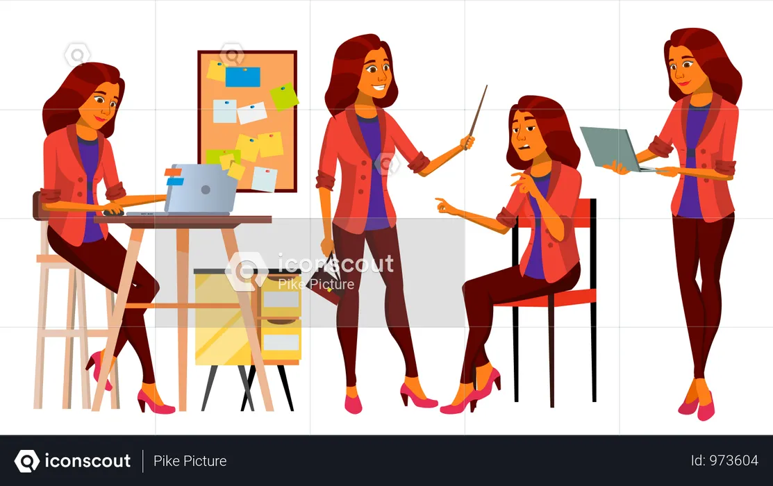 Girl Working In Office With Different Gestures  Illustration