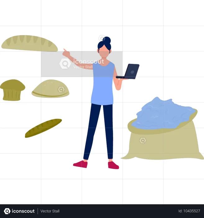 Girl working on bakery item from laptop  Illustration