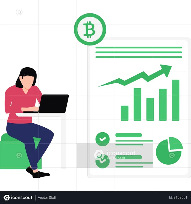 Girl Working On Bitcoin Graph Report  Illustration