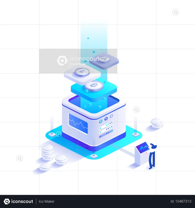 블록체인 관리에 종사하는 소녀  일러스트레이션