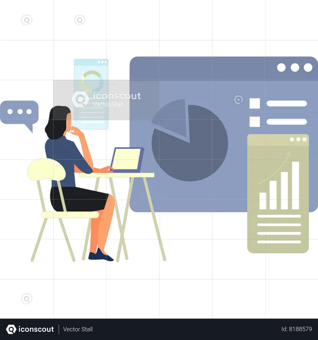 Girl Working On Business Chart Graph  Illustration