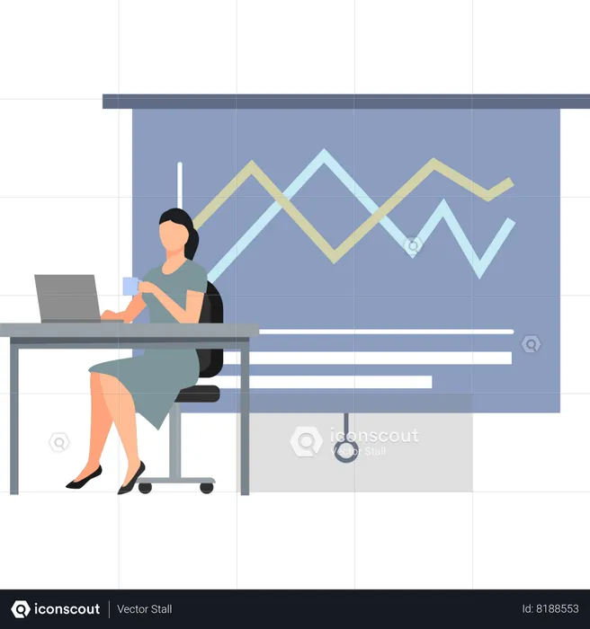 Girl Working On Business Graph On Laptop  Illustration