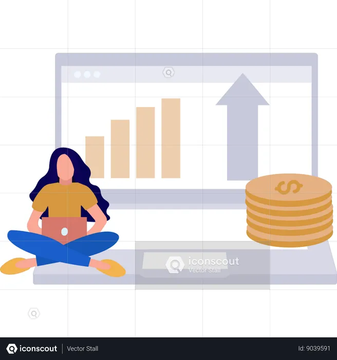 Girl Working On Business Graph On Laptop  Illustration