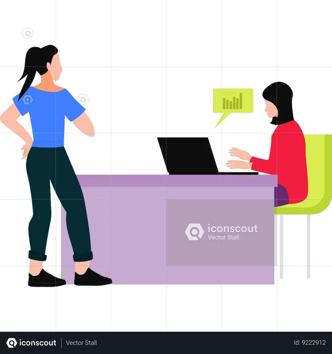 Girl working on business graph on laptop  Illustration