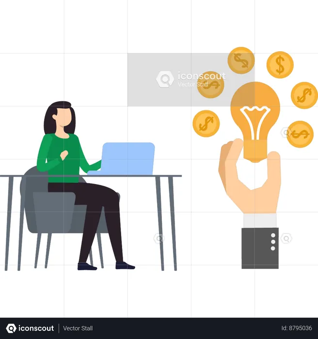 Girl working on business idea on laptop  Illustration