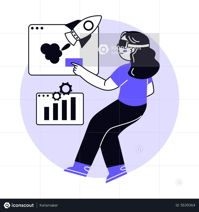 Girl working on business startup in metaverse  Illustration