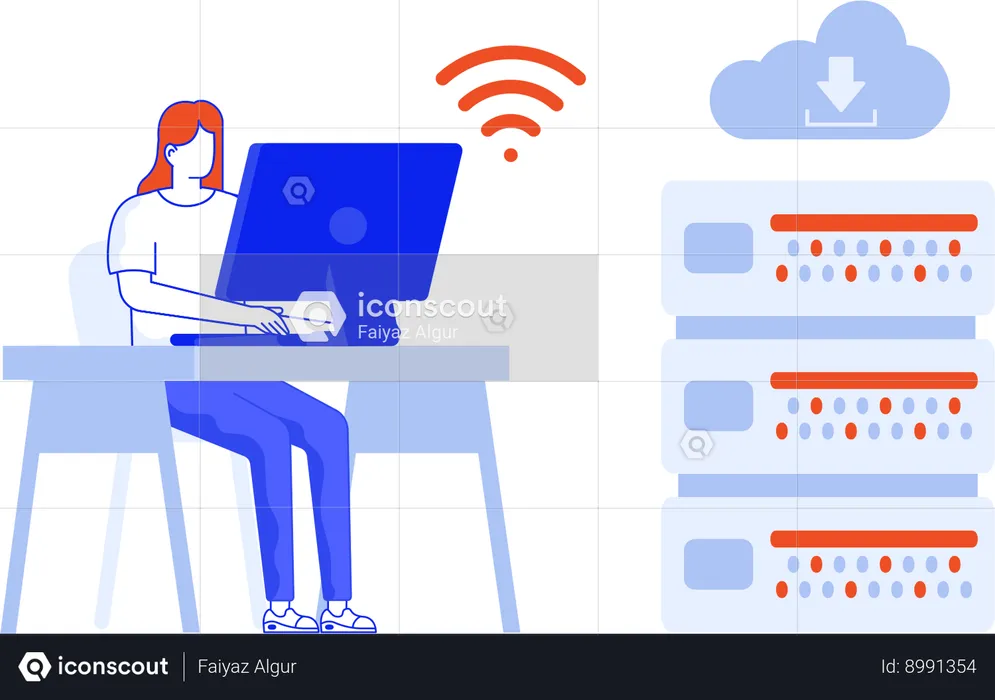 Girl working on Cloud Server  Illustration