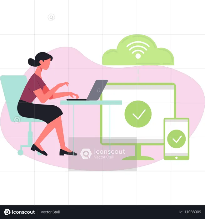 Girl working on cloud server  Illustration