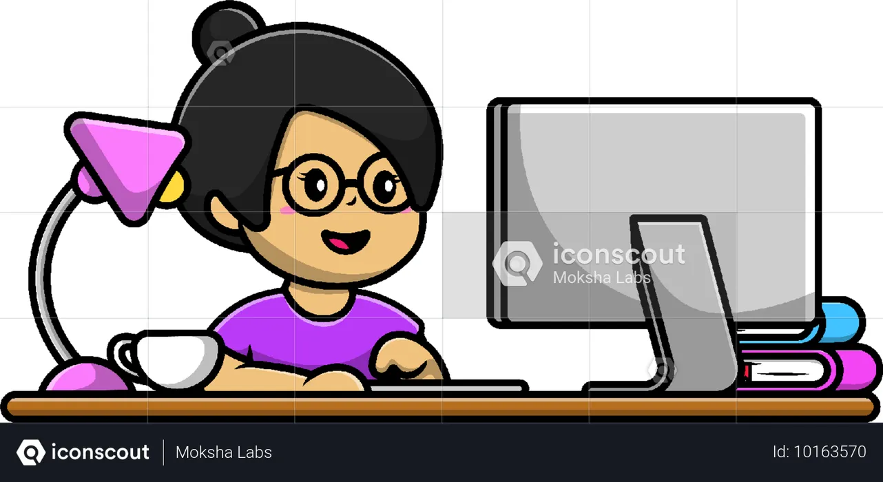 Girl Working On Computer  Illustration