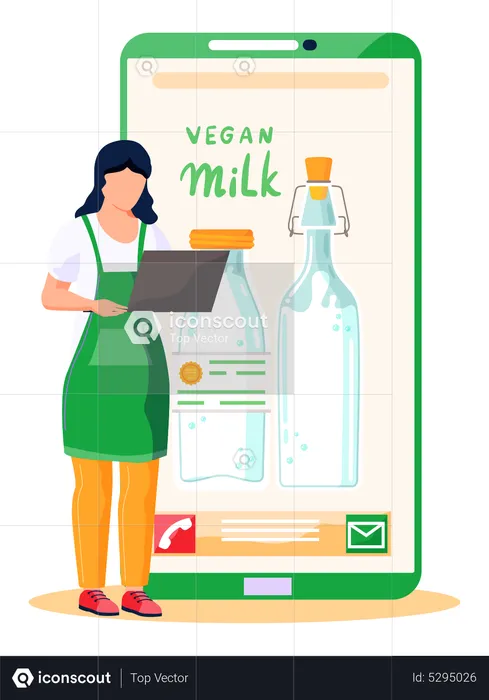 Girl working on computer on vegan milk  Illustration