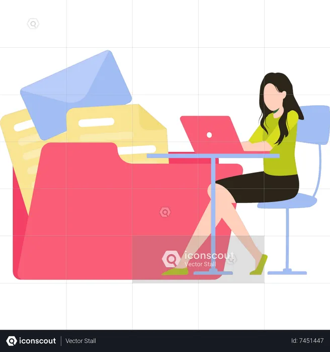Girl working on file management at table  Illustration
