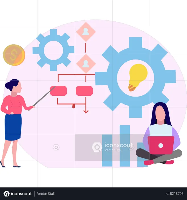 Girl working on flowchart  Illustration