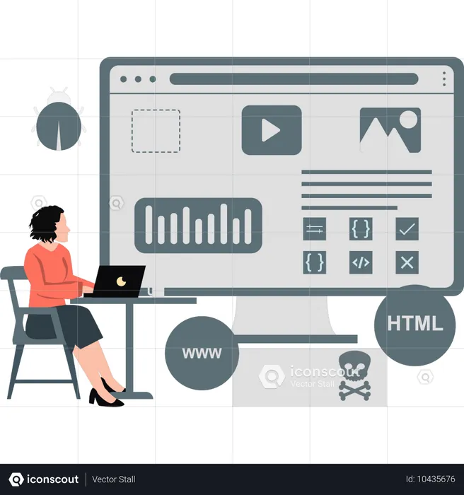 Girl working on laptop according to HTML code  Illustration