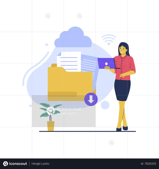 Girl working on laptop and document download technology  Illustration