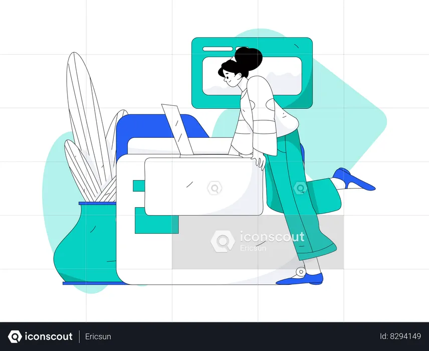 Girl working on laptop at home  Illustration