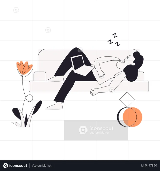 Girl working on laptop fell asleep on couch  Illustration